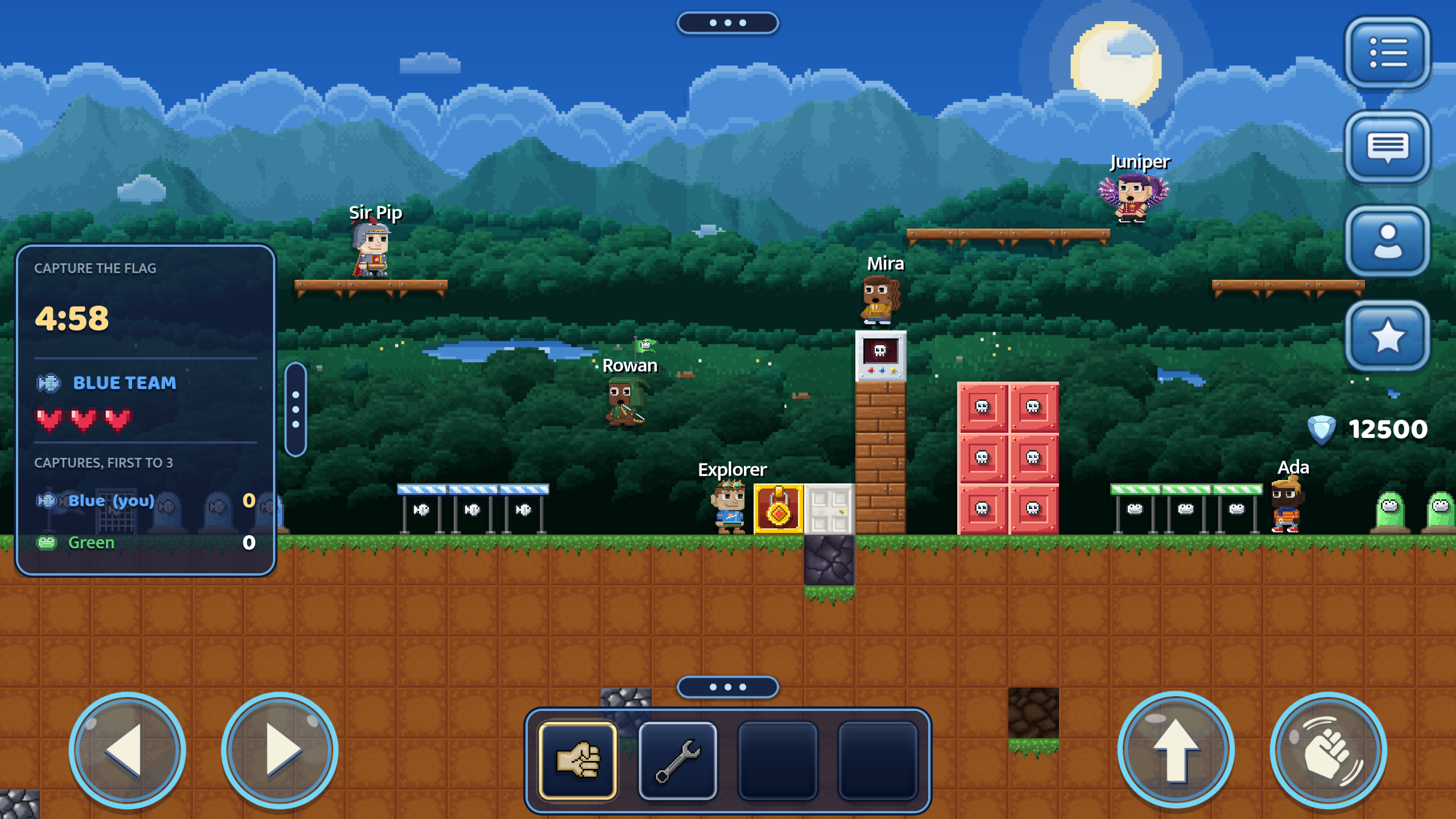 A Capture the Flag round between the Blue Fish and Green Frog teams, one player carrying the enemy flag