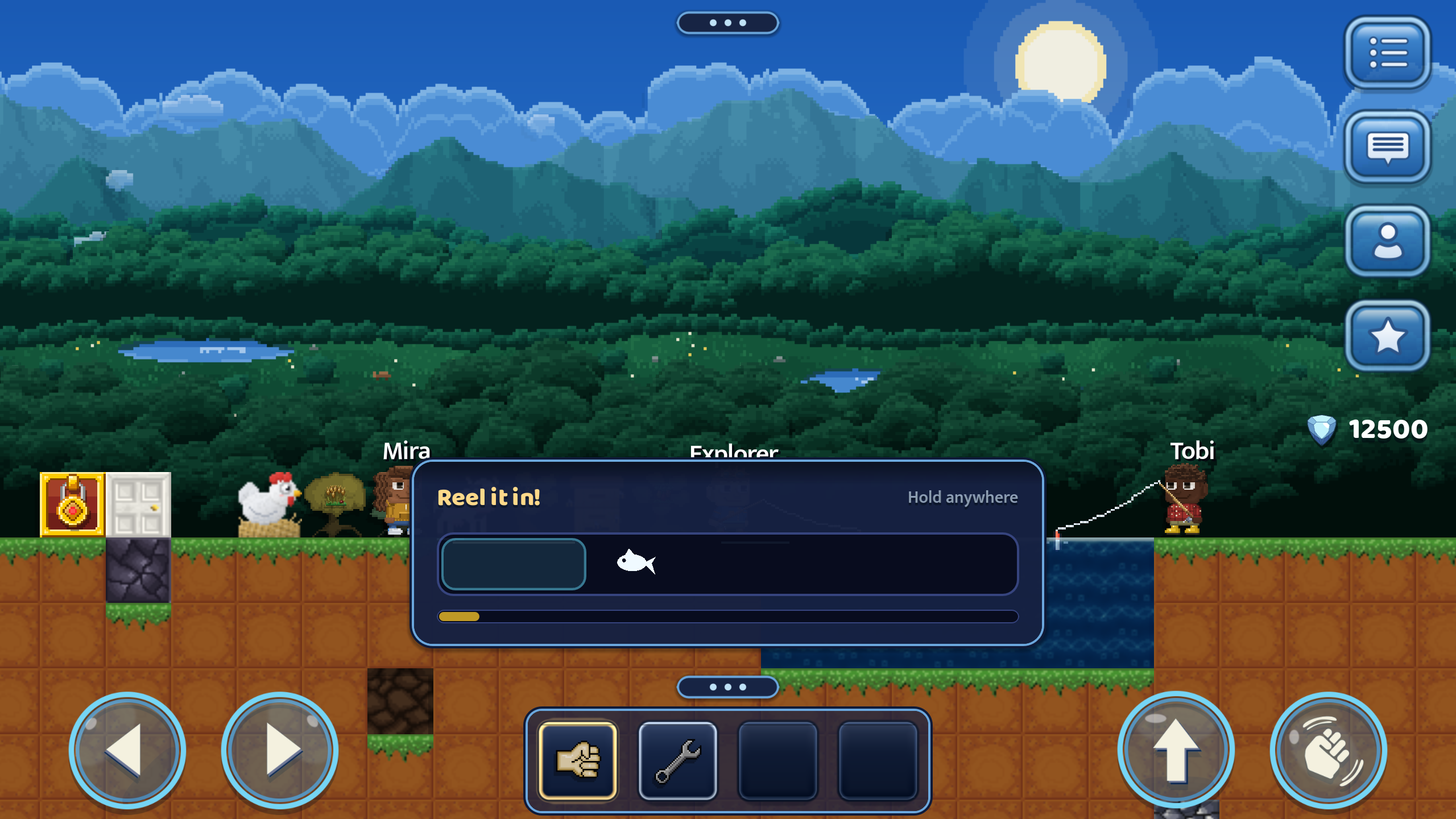 Fishing at a pond: the reel card is up while another player's line is in the water