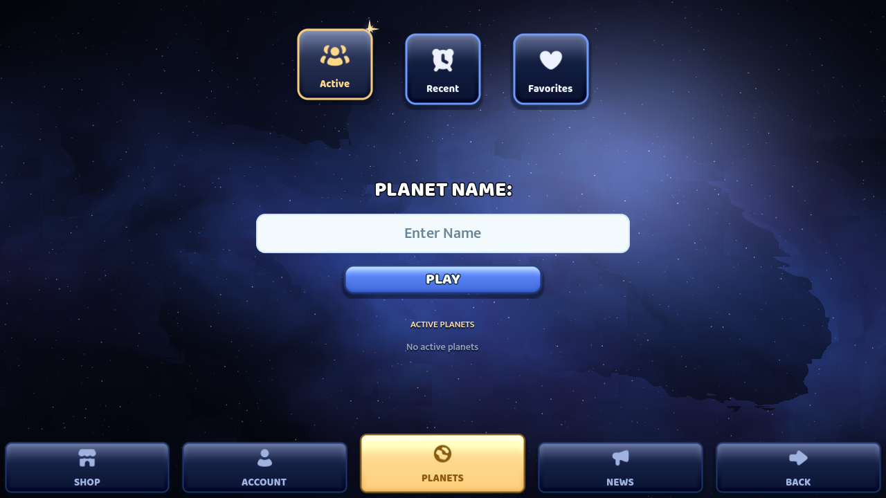 The Shiplanet planet-select screen: type a planet name and press play