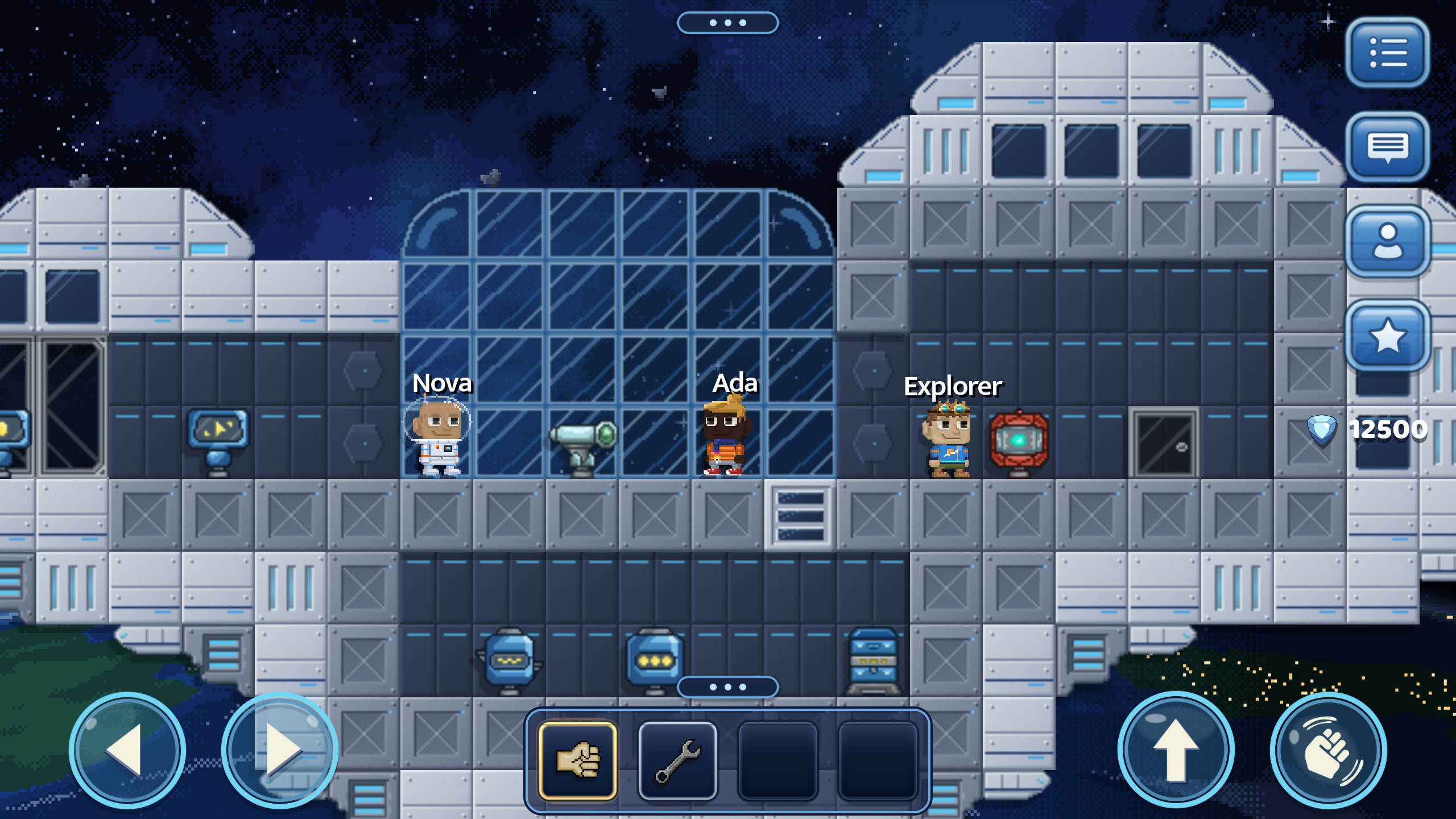 Inside a player's ship: the hub with its machines under a glass dome, three players aboard