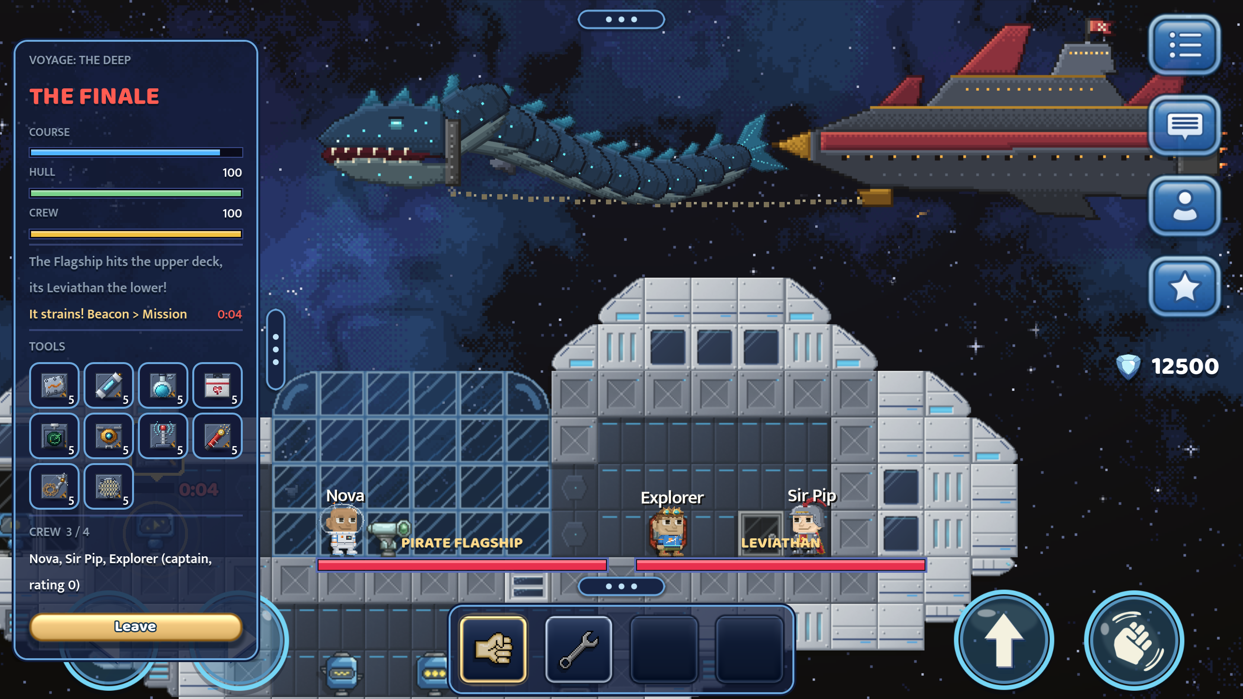 A voyage's finale in Shiplanet: a pirate flagship and the leviathan chained to it fill the sky over a player's ship, while three crew members run between the machines